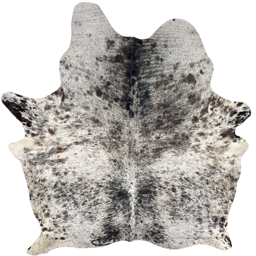 Black and White Speckled Brazilian Cowhide: white with black speckles and spots, a few small brown spots on the left side, and one brand mark on the left side of the butt - 6'5" x 5'1" (BRSP3336)