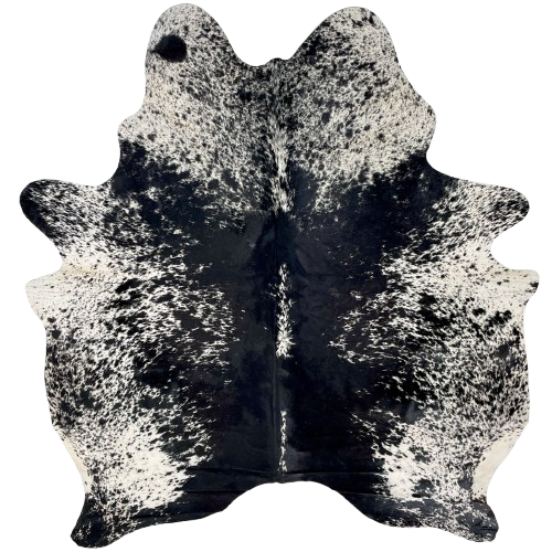 Black and White Speckled Brazilian Cowhide: white with black speckles and spots, and mostly solid black down both sides of the back - 6'3" x 5'5" (BRSP3339)