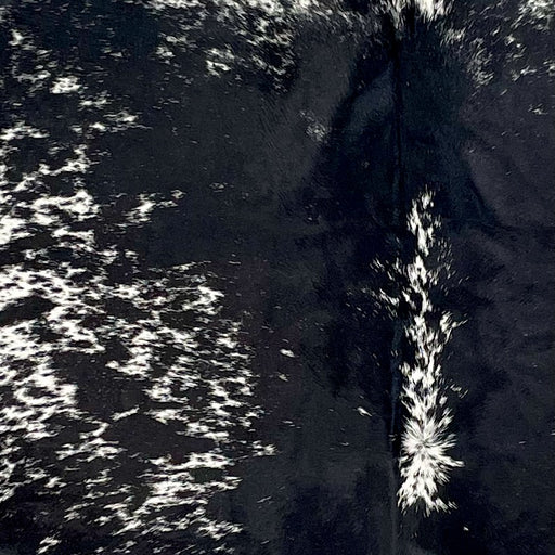 Closeup of this Speckled Brazilian Cowhide, showing white with black speckles and spots, and mostly solid black down both sides of the back (BRSP3339)