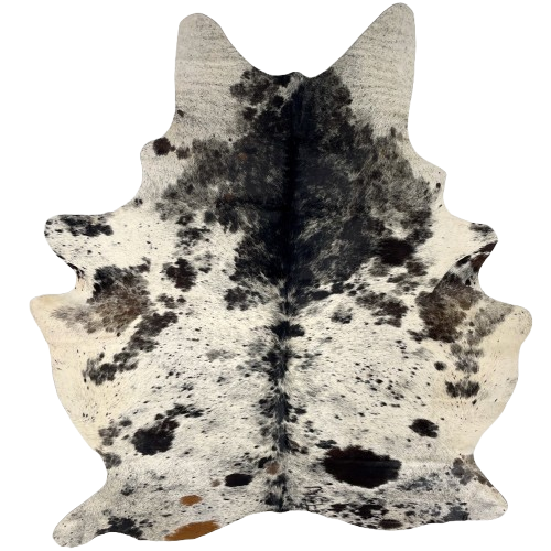 Off-White and Black Speckled Brazilian Cowhide: off-white with black speckles and spots, two brown spots on the left side of the butt, and one brand mark on the right side of the butt - 6'9" x 5'5" (BRSP3341)