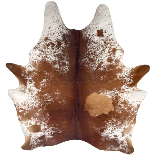 Large Reddish Brown and White Speckled Brazilian Cowhide: mostly solid reddish brown down the middle, white with red brown speckles and spots on the sides, belly, butt, and shanks, and a large caramel spot on the right side of the back - 7'7" x 5'10" (BRSP3357)