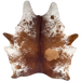 Large Reddish Brown and White Speckled Brazilian Cowhide: mostly solid reddish brown down the middle, white with red brown speckles and spots on the sides, belly, butt, and shanks, and a large caramel spot on the right side of the back - 7'7" x 5'10" (BRSP3357)
