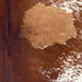 Closeup of this Large Speckled Brazilian Cowhide, showing mostly solid reddish brown down the middle, white with red brown speckles and spots on the side, and a large caramel spot on the right side of the back  (BRSP3357)