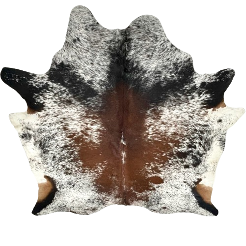 Large Tricolor Speckled Brazilian Cowhide: white with reddish brown and black speckles and spots, and longer hair down the spine and on the belly - 7'8" x 6'11" (BRSP3361)