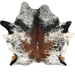 Large Tricolor Speckled Brazilian Cowhide: white with reddish brown and black speckles and spots, and longer hair down the spine and on the belly - 7'8" x 6'11" (BRSP3361)