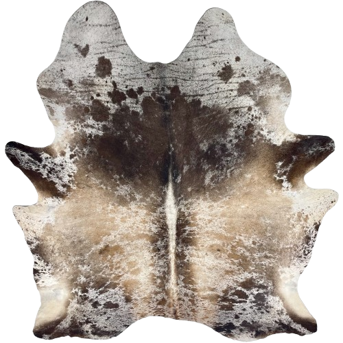 XL Tricolor Speckled Brazilian Cowhide: white with brown and beige speckles and spots, and one brand mark on the left side of the butt, and another on the right side of the back - 8'1" x 6'2" (BRSP3364)