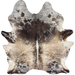XL Tricolor Speckled Brazilian Cowhide: white with brown and beige speckles and spots, and one brand mark on the left side of the butt, and another on the right side of the back - 8'1" x 6'2" (BRSP3364)