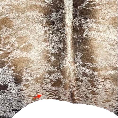 Closeup of this XL Tricolor Speckled Brazilian Cowhide, showing one brand mark on the left side of the butt  (BRSP3364)
