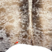 Closeup of this XL Tricolor Speckled Brazilian Cowhide, showing one brand mark on the left side of the butt  (BRSP3364)