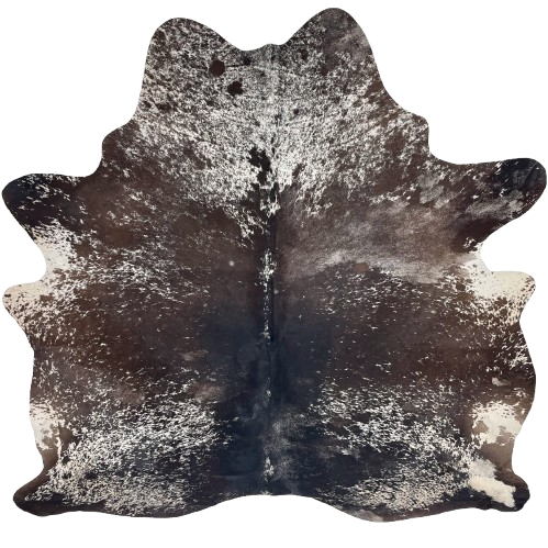 Dk Brown and White Speckled Brazilian Cowhide: dark brown with white speckles and spots, and two brand marks on the right side of the butt - 6'11" x 6'3" (BRSP3366)