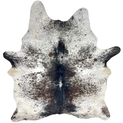 Dk Brown and White Speckled Brazilian Cowhide: white with dark brown and blackish brown spots and speckles- 7'3" x 5'3" (BRSP3367):