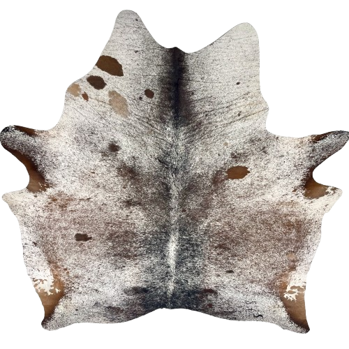 Large Tricolor Speckled Brazilian Cowhide: white with brown and black speckles and spots, and two brand marks on the right side of the butt - 7'8" x 6'6" (BRSP3368)