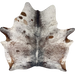 Large Tricolor Speckled Brazilian Cowhide: white with brown and black speckles and spots, and two brand marks on the right side of the butt - 7'8" x 6'6" (BRSP3368)