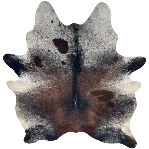 Tricolor Speckled Brazilian Cowhide: has a mix of dark brown and black, with white speckles - 6'11" x 5'7" (BRSP3369)