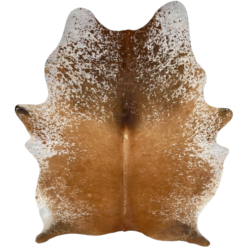 Large Two Tone Brown and White Speckled Brazilian Cowhide: golden brown with white speckles and spots, and white with chocolate speckles and spots on the shoulder - 7'6" x 5'4" (BRSP3372)