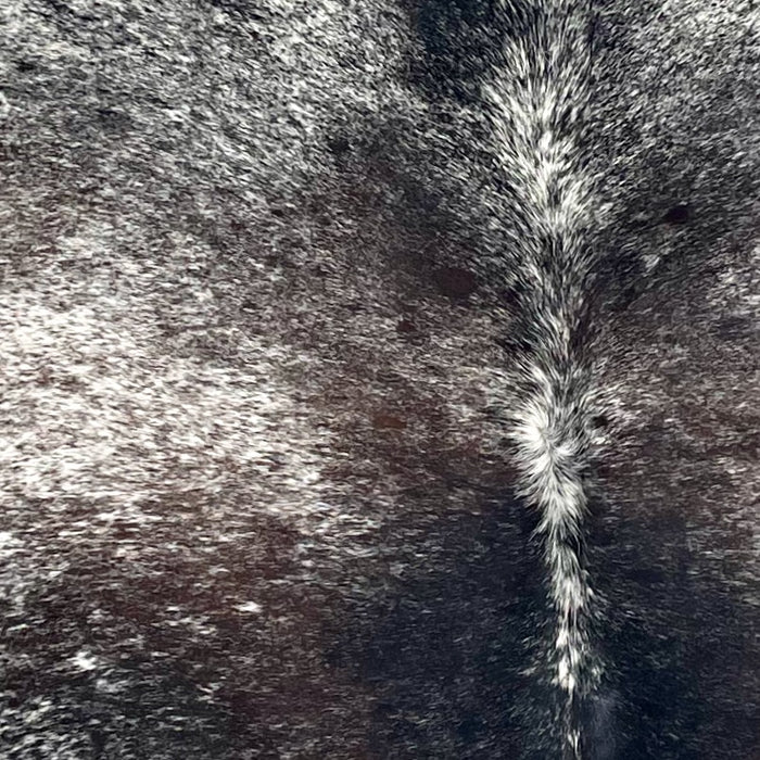 Closeup of this XL Tricolor Speckled Brazilian Cowhide, showing white with black and dark brown speckles and spots  (BRSP3373)