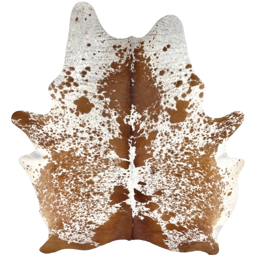 Reddish Brown & White Speckled Brazilian Cowhide: white with reddish brown spots and speckles, and 2 brand marks on the right side of the butt and one along the right side of the spine - 7'3" x 5'8" (BRSP3375)
