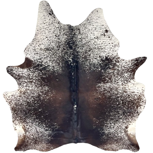 Large Brown and White Speckled Brazilian Cowhide: mostly solid dark brown and blackish brown down the middle, with a few white speckles down the spine, and white with dark brown speckles and spots on the sides, belly, shoulder, butt, and shanks - 7'6" x 5'11" (BRSP3376)