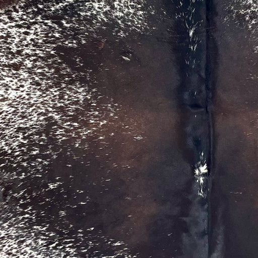 Closeup of this Large Speckled Brazilian Cowhide, showing mostly solid dark brown and blackish brown down the middle, with a few white speckles down the spine, and white with dark brown speckles and spots on the sides and belly (BRSP3376)
