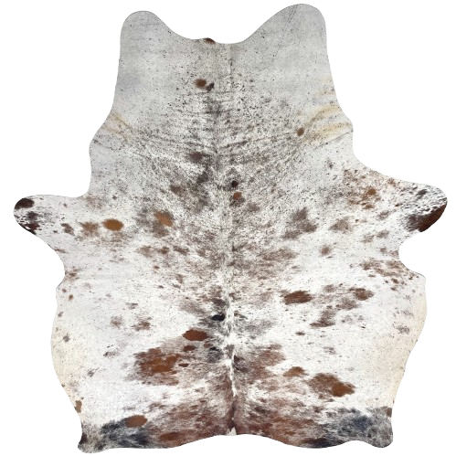Tricolor Speckled Brazilian Cowhide: white with reddish brown, blackish brown , and black speckles and spots - 7'2" x 5'7" (BRSP3377)