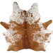 Large Brown and White Speckled Brazilian Cowhide: mostly solid brown down the middle and on the butt and shanks, white with brown speckles and spots on the sides, belly, and shoulder, and one brand mark on the right side of the butt - 7'11" x 6'7" (BRSP3380)