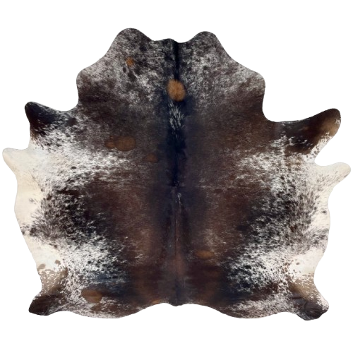 Dark Tricolor Speckled Brazilian Cowhide: has a mix of dark brown and black with white speckles, and white with dark brown and black speckles and spots on the sides and belly, and part of the shoulder and shanks - 6'4" x 5'11" (BRSP3382)