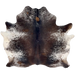 Dark Tricolor Speckled Brazilian Cowhide: has a mix of dark brown and black with white speckles, and white with dark brown and black speckles and spots on the sides and belly, and part of the shoulder and shanks - 6'4" x 5'11" (BRSP3382)