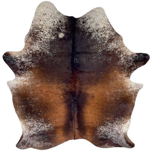 Tricolor Speckled Brazilian Cowhide: has a mix of reddish brown, dark brown, and black, with white speckles and spots on the belly, butt, shoulder, and shanks - 7'5" x 5'8" (BRSP3383)