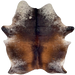 Tricolor Speckled Brazilian Cowhide: has a mix of reddish brown, dark brown, and black, with white speckles and spots on the belly, butt, shoulder, and shanks - 7'5" x 5'8" (BRSP3383)