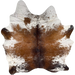 Tricolor Speckled Brazilian Cowhide: reddish brown, with black mixed in down the middle and on the butt and shanks, and white white with reddish brown and black speckles and psots on the belly, butt, shoulder and part of the shanks - 7'3" x 6' (BRSP3386)