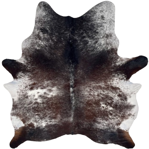 Dark Tricolor Speckled Brazilian Cowhide: has a mix of dark brown and black with white speckles and spots - 6'11" x 5'11" (BRSP3387)