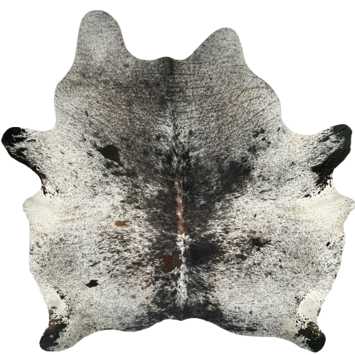 Black and White Speckled Brazilian Cowhide: white with black speckles and spots, a few dark brown spots, and brown down part of the spine - 6'11" x 6'9" (BRSP3388)