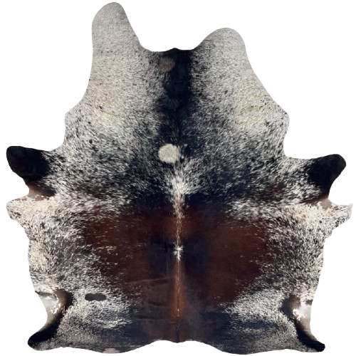 XL Dark Tricolor Speckled Brazilian Cowhide: has a mix of dark reddish brown and black on the back, white speckles down the spine, and white with black speckles and spots on the shoulder, belly, butt, and shanks - 8'3" x 6'4" (BRSP3389)
