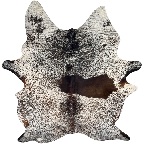 Large Tricolor Speckled Brazilian Cowhide: ivory with dark brown and black speckles and spots, and one brand mark on the right side of the butt - 7'6" x 5'5" (BRSP3393)