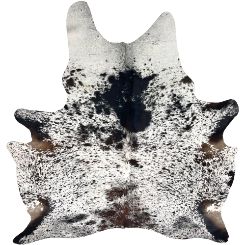 Tricolor Speckled Brazilian Cowhide: white with black, dark brown, and blackish brown speckles and spots - 7'4" x 6'2" (BRSP3395)