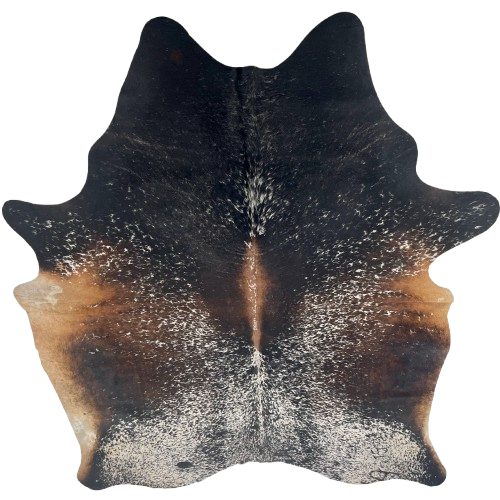 Large Speckled Tricolor Brazilian Cowhide: black, brown, and dark brown, with white speckles and spots, and two brand marks on the right side of the back, and three on the right side of the butt - 7'6" x 5'9" (BRSP3397)