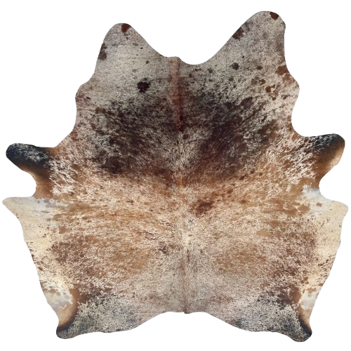 Brazilian Tricolor Speckled Cowhide: off-white with light reddish brown, caramel, dark brown, and black speckles and spots - 7'2" x 6'5" (BRSP3400)