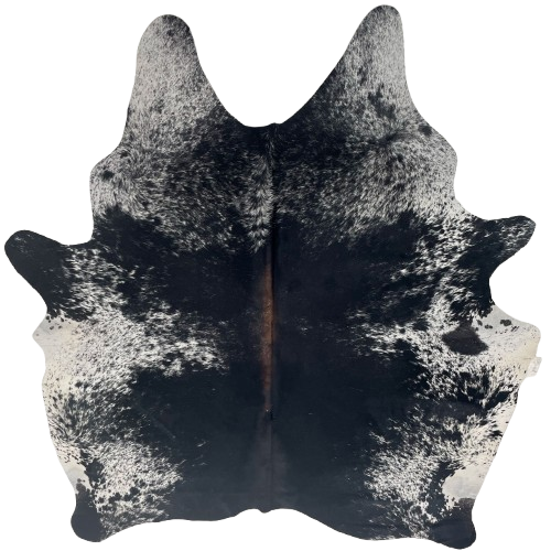 Black and White Speckled Brazilian Cowhide: white with black speckles and spots, mostly solid black on the back, and dark brown down part of the spine - 7'1" x 5'10" (BRSP3402)