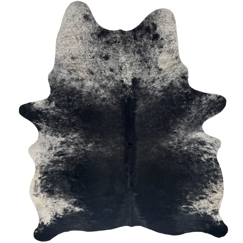 Black and White Speckled Brazilian Cowhide: mostly black, with fine, white speckles, and white with black speckles and spots on the shoulder, belly, and fore shanks - 7'3" x 5'11" (BRSP3408)