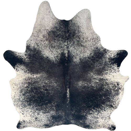 Black and White Speckled Brazilian Cowhide: black with white speckles, and it has spots that are white with black speckles - 7'1" x 5'9" (BRSP3410)