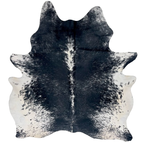 Black and White Speckled Brazilian Cowhide: black with white speckles and spots, and white with black speckles and spots on the belly and shanks - 7'2" x 6' (BRSP3412)