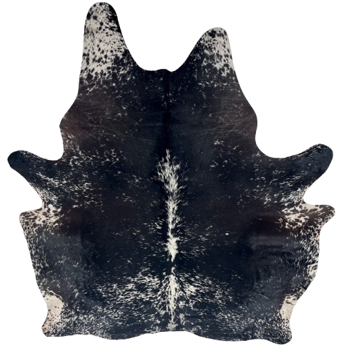 Black and White Speckled Brazilian Cowhide: black with white speckles and spots, and dark brown with white speckles and spots on the belly and part of the shoulder - 7'4" x 5'10" (BRSP3415)