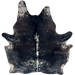 Black and White Speckled Brazilian Cowhide: black with white speckles and spots, and dark brown with white speckles and spots on the belly and part of the shoulder - 7'4" x 5'10" (BRSP3415)