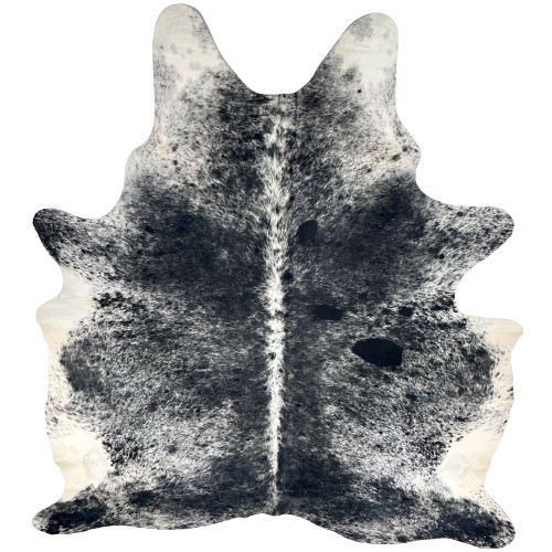 Black and White Speckled Brazilian Cowhide: black with white speckles, and mostly white down the spine and on the belly - 7'4" x 5'7" (BRSP3418)