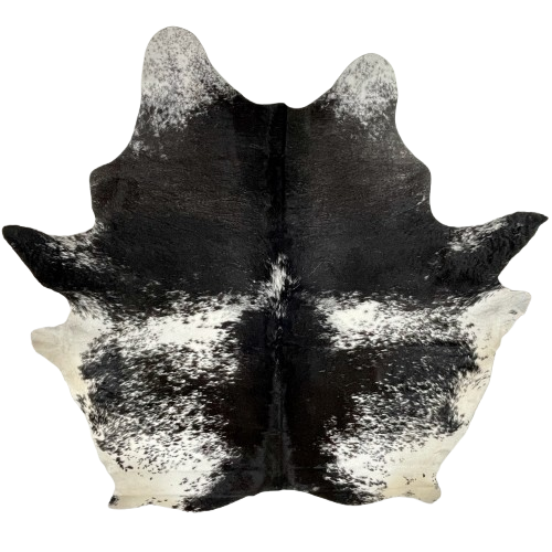 XXL Black and White Speckled Brazilian Cowhide: mostly black, with a few white speckles, across the shoulder and down the middle, white with black speckles and spots on the back, and off-white with black speckles on the belly and hind shanks - 8'8" x 7'6" (BRSP3419)