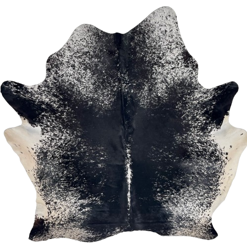 Large Black and White Speckled Brazilian Cowhide: black with white speckles and spots, and off-white on the belly, butt, and hind shanks - 7'6" x 6'5" (BRSP3422)