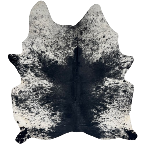 Black and White Speckled Brazilian Cowhide: white with black speckles and spots, and mostly solid black down the middle of the back and butt - 7'5" x 5'10" (BRSP3424)