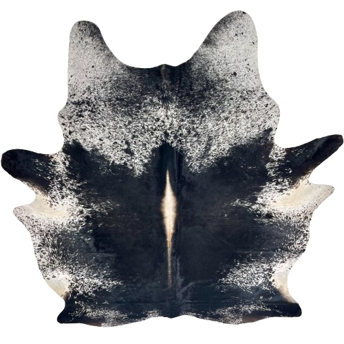 Large Black and White Speckled Brazilian Cowhide: white with black speckles and spots, mostly solid black down the middle of th back, white and brown down part of the spine, and dark brown on the butt and hind shanks) - 7'11" x 6'5" (BRSP3425)