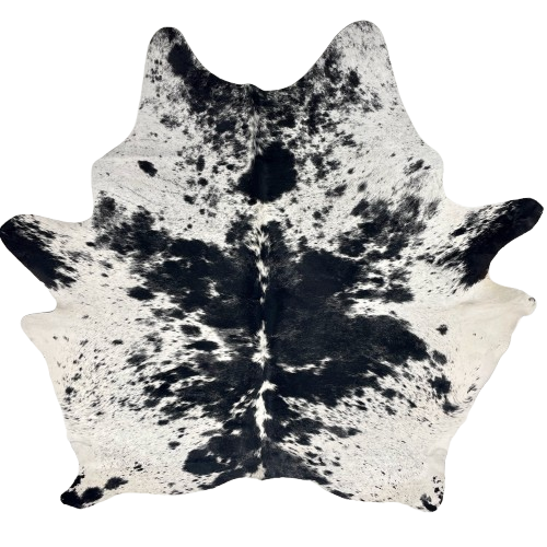Black and White Speckled Brazilian Cowhide: white with black speckles and large and small, black spots - 7'4" x 6'5" (BRSP3427)