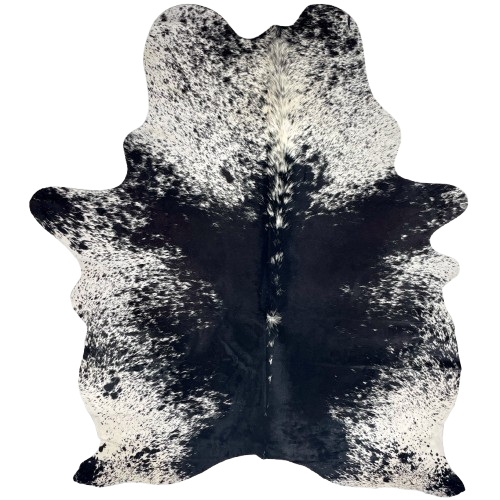Large Black and White Speckled Brazilian Cowhide: white with black speckles and spots, and mostly solid black down the middle - 7'8" x 5'8" (BRSP3429)